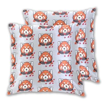Imagem de Joitme Conjunto de 2 capas de almofada cinza com corações de panda vermelho, conjunto de 2 capas de almofada quadradas para sofá, decoração de quarto, 45 x 45 cm, 2 peças
