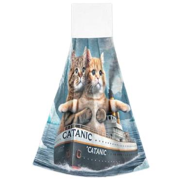 Imagem de Joisal Funny Cats Toalhas de mão Titanic Kitten Fall com laços para pendurar toalhas de gravata de banheiro absorventes macias e fofas decorações de cozinha conjunto de 2, 45 x 35 cm