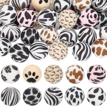 Imagem de SOFPLATE 50 peças, 10 estilos, contas de silicone impressas de 15 mm, chaveiro, contas de borracha, pequenas esferas, coloridas, sortidas, suaves, soltas, canetas, espaçadores focais para chaveiros