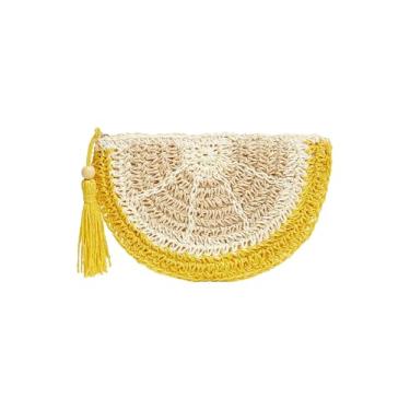 Imagem de SHENHE Bolsa feminina de palha com borla e zíper para férias na praia, Amarelo, tamanho �nico