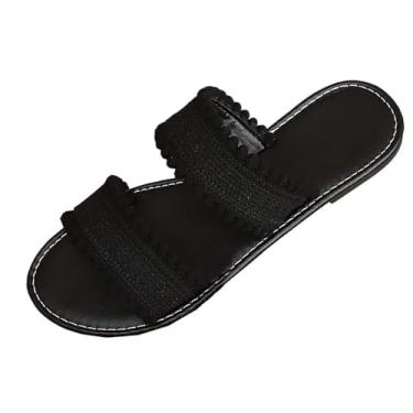 Imagem de Pantufas femininas planas de praia casuais primavera verão design sólido de uma alça para uso ao ar livre e interno, Preto, 38