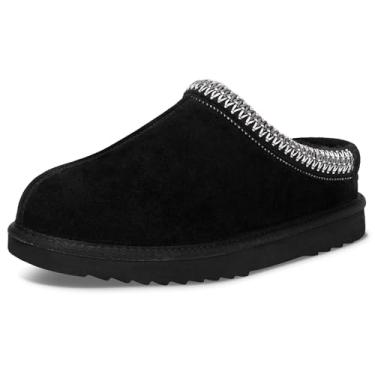 Imagem de Pantufas femininas masculinas com plataforma de camurça genuína, sem cadarço, confortáveis, resistentes à água, pele sintética, quente, inverno, felpudo, para uso interno e externo, Preto, 36/38 BR