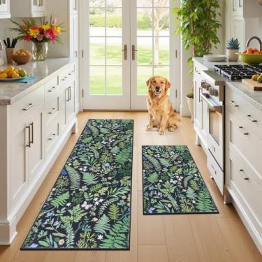 Imagem de Ileading Conjuntos de tapetes de cozinha de 2 peças, tapetes de folhas de plantas para chão de cozinha, tapetes de pé resistentes a manchas com suporte de borracha antiderrapante, tapetes impermeáveis