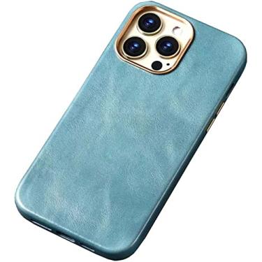 Imagem de EKESA Capa traseira de telefone de couro de vaca de cera de óleo, para Apple iPhone 14 Plus 2022 capa retrô resistente a arranhões [carregamento sem fio] (cor: azul claro)