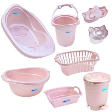 Imagem de Kit banho bebe 8 peças banheira balde bacia lixeira organizador cesto 
