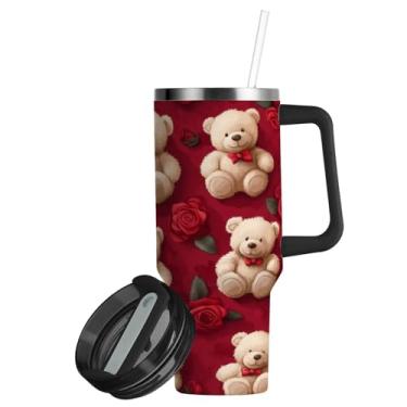 Imagem de ATTX Copo de rosas de urso de 850 g com alça, copo de aço inoxidável a vácuo de parede dupla com palha, caneca de café de viagem isolada #171