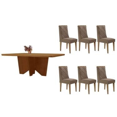 Imagem de Sala Jantar Mesa Nevada Tampo Curvo 180cm+6 Cadeiras Pietá Madeira Naturale - Capuccino/Linho Capuccino - Rufato