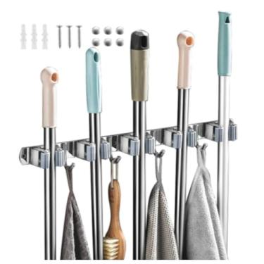 Imagem de Suporte De Vassoura Inox De Parede 9 Acessórios Porta Vassoura Vassoureiro