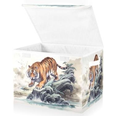 Imagem de Blueangle Cestos de armazenamento Tiger Wave com tampas, 42 x 32 x 30 cm, grande cesta organizadora dobrável para decoração de casa e escritório (31)