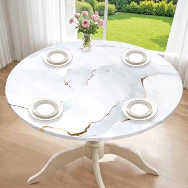 Imagem de Betylifoy Toalha de mesa redonda de vinil com ajuste de mármore branco, impermeável, toalha de mesa com bordas elásticas, serve para mesas redondas de 91 a 112 cm para jantar, piquenique, acampamento