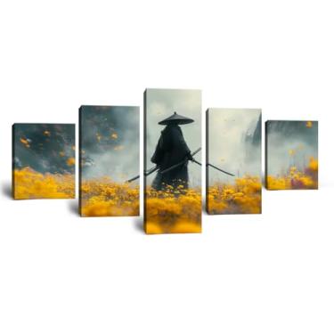 Imagem de Arte de parede samurai imagens de guerreiro japonês decoração de parede pintura em tela abstrata obras de arte para sala de estar quarto escritório banheiro mestre amarelo emoldurado 5 peças