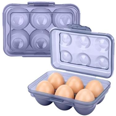 Imagem de JANKINGS Caixa de armazenamento de ovos empilhável portátil, pacote com 2 suportes de ovos de 6 unidades com tampas para geladeira, viagem e acampamento, organizador de bandeja de ovos PP azul