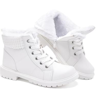 Imagem de Uoidru Botas de combate para mulheres botas de tornozelo botas pretas de inverno botas brancas com cadarço botas confortáveis felpudas botas curtas com zíper lateral (braço, antiderrapante), Branco, 7