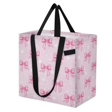 Imagem de SEHANY Sacolas de compras reutilizáveis com laço rosa fofo com alças reforçadas, bolsa de compras de lona dobrável à prova d'água de grande capacidade para viagem, cozinha, praia