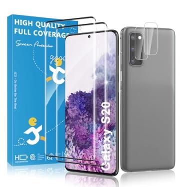 Imagem de JavoYion Pacote com 2 + 2 protetores de tela e câmera para Samsung Galaxy S20, suporte para impressão digital, sem bolhas, compatível com capas, vidro transparente de dureza 9H para Galaxy S20 5G
