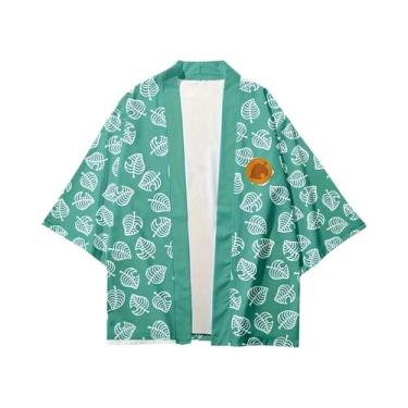 Imagem de Kimono Haori Feminino Com Estampa De Folhas Rosa E Verde, Fantasia De 