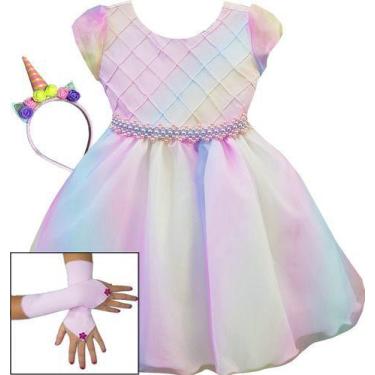 Imagem de Vestido Festa Infantil Unicornio Frutacor Luxo Tiara Luvas - Pingo De 