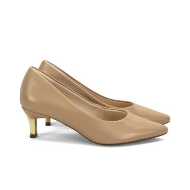 Imagem de Scarpin Amêndoa Salto Fino Cromado Baixo 6cm Napa