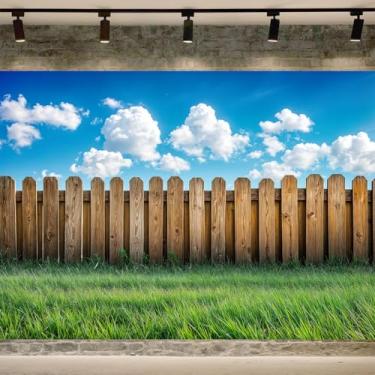 Imagem de Cerca de madeira de 3,5 x 2,5 m, céu azul, nuvens brancas, cenário natural, grama, céu azul, rústico, casa de fazenda, fotografia de fundo para crianças, retrato de animal de estimação, festa de