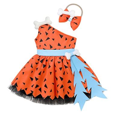 Imagem de BAMM BAMM Fantasia Bebê Menino Menina Crianças Caveman Cavegirl Fantasia Histórica Pedra Idade Caverna Homem Roupa Halloween Fantasia Fantasia Aniversário Festa de Natal Foto Roupas Menina Laranja 2-3T