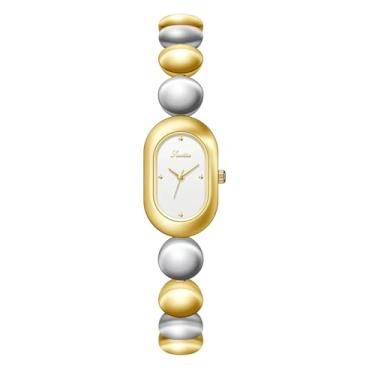 Imagem de Gosasa Relógio feminino vintage delicado com pulseira de quartzo – Relógio de pulso feminino de luxo minimalista oval com mostrador dourado fino e elegante à prova d'água, Ouro, prata, branco, Luxuoso