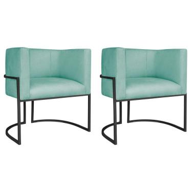 Imagem de Kit 02 Poltronas Decorativas Luna Base De Ferro Preto Suede Azul Tiffany