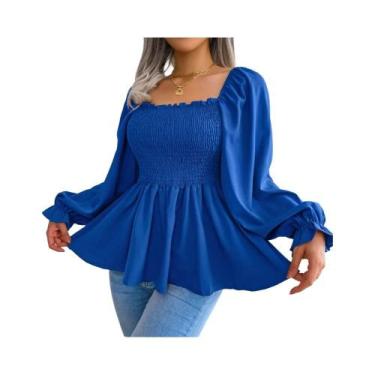 Imagem de Blusa De Chiffon Feminina Com Mangas Longas E Rendas, Top Peplum Em Co