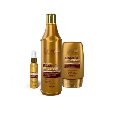 Imagem de Kit Banho de Verniz Forever Liss Shampoo 500, Leave-in, Oleo - Forever