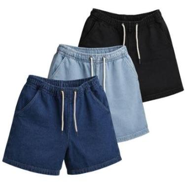 Imagem de Kit 3 Bermudas Jeans Masculinas Largas Streetwear Casuais com Bolsos e Cós Ajustável-Masculino