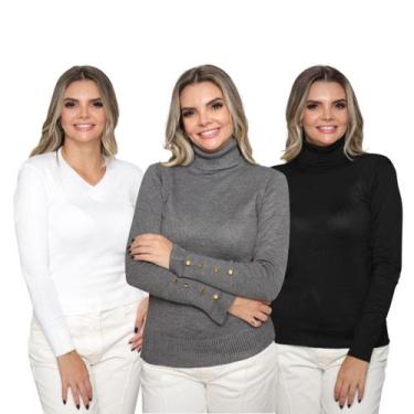 Imagem de Kit 3 Blusa Feminina Tricô Deconte V Gola Alta Manga Botão Lã Lisa Inv