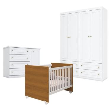 Imagem de Quarto de Bebê Americano 4 Portas com Berço Nacional Mel Branco Savana - Reller - Henn