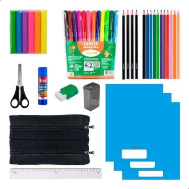 Imagem de Kit Material Escolar Infantil Caderno Brochura Estojo Duplo Preto Mais