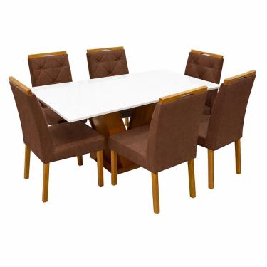 Imagem de Mesa de Jantar Classic 160x80cm com Vidro e 6 Cadeiras Jasmim em Veludo Estofadas Cel Móveis Cor Cinamomo Off White com Tecido Marrom