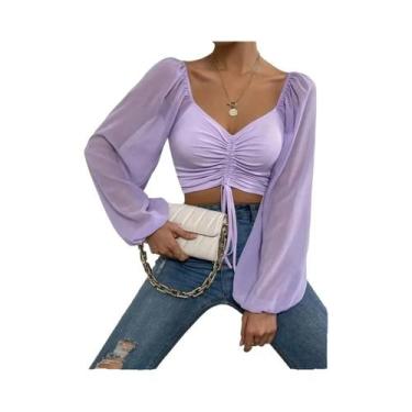 Imagem de Blusa Feminina Cropped De Malha Canelada Com Decote Plung, Manga Trans