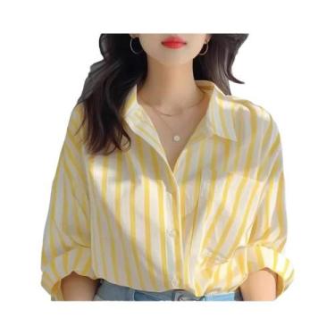 Imagem de Camisa Casual Feminina De Manga Longa Listrada Amarela E Branca De Alt