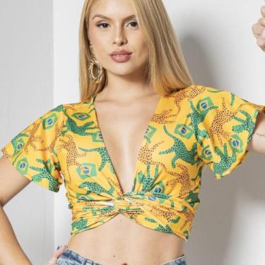 Imagem de Blusa Feminina Brasil Cropped Transpassado Suplex Premium 3 em 1 Brasi