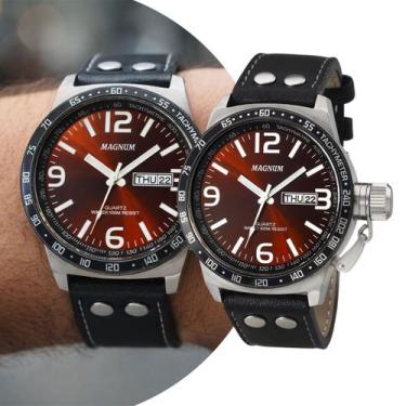 Imagem de Relógio Masculino de Pulso Preto Vermelho Pulseira de Couro e Caixa de