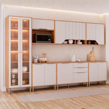 Imagem de Cozinha Modulada 7 Peças com 1 Cristaleira 3 Balcões e 3 Armários Aéreos Celeste Cinamomo/Off White