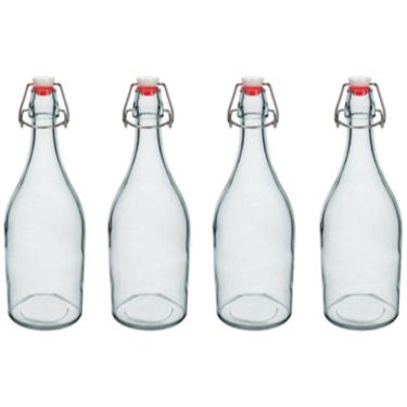 Imagem de KIT 4 GARRAFAS ÁGUA SUCO LEITE HOME&CO COM TRAVA NA TAMPA VIDRO 1L 29x9x9cm TRANSPARENTE