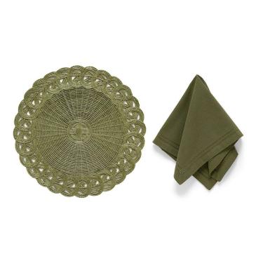 Imagem de Kit de Mesa Posta Ella Duoo 2 Lugares com Jogo Americano e Guardanapo de Tecido Verde Copa & Cia
