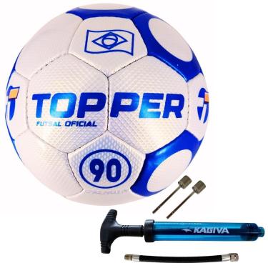Imagem de Bola de Futsal Topper Futsal 90 Costurada à Mão com Bomba Kagiva Dupla Ação Azul com Acessórios