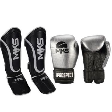 Imagem de Kit Luva Boxe Muay Thai Prospect Prata 12oz + Caneleira Prospect Preta