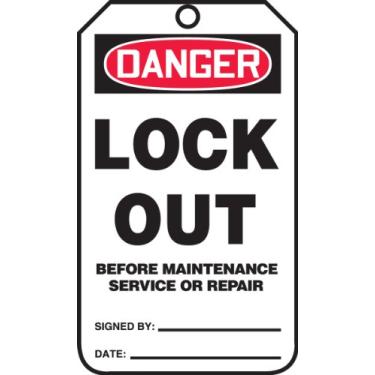 Imagem de Accuform Placa de segurança MDT176CTP, legenda: "Danger Lock Out Before Maintenance Service OR Repair", 14,6 cm de comprimento x 8,3 cm de largura x 0 cm de espessura, cartolina PF, vermelho/preto