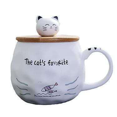 Imagem de Caneca de gato com tampa e colher 3D linda xícara de chá de café de cerâmica conjunto de caneca de casal presente de aniversário para professores, mães, amigas, amantes, (gato peixe, rosa, 400 ml)