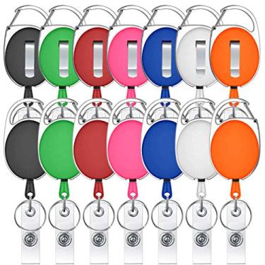 Imagem de Pacote com 14 suportes de crachá retrátil Viaky cores mistas com mosquetão com clipes para chaveiro e cartões de identificação (7 cores)