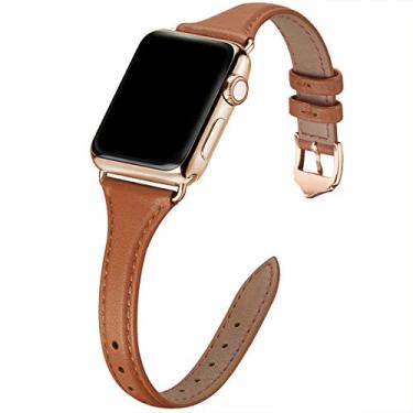 Imagem de WFEAGL Pulseira feminina de couro de grão superior compatível com Apple Watch Ultra, SE SE2 séries 9, 8, 7, 6, 5, 4, 3, 2 e 1 de 42 mm, 44 mm, 45 mm e 49 mm (marrom/dourado)