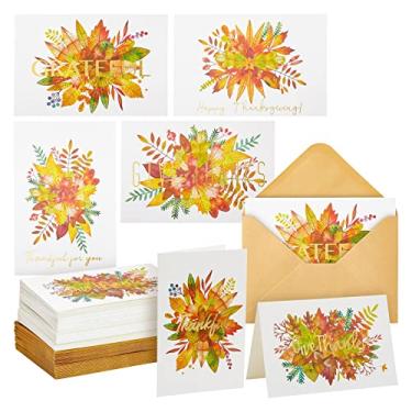 Imagem de Cartões de Ação de Graças – Pacote com 48 Cartões de felicitações de outono premium com folha dourada, cartões de nota graciosos, em branco na parte interna, 6 designs de aquarela de folhagem de outono, inclui envelopes Kraft, 10 x 15 cm