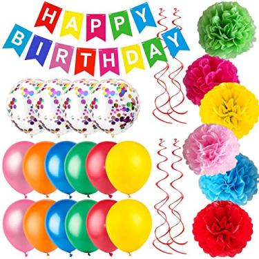 Imagem de Colorful Birthday Party Decorations Kit - Happy Birthday Banner, Spiral Charm，Paper Flower Ball, Colorful Latex Balloon and Colorful Confetti Balloons for Boys and Girls Birthday Party Supplies