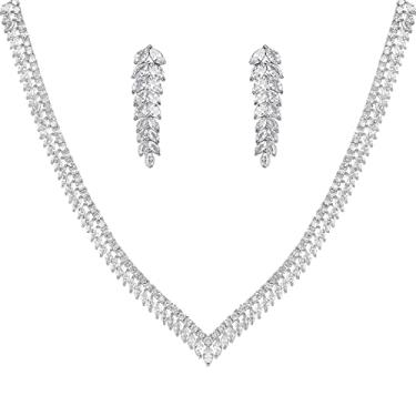 Imagem de YYSuniee Conjunto de joias de noiva de metal de zircônia cúbica simples colar em forma de V e brincos pendentes em forma de folha para presente feminino, Latão, Zircônia cúbica