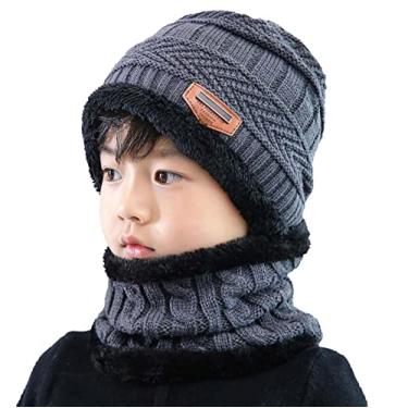 Imagem de Yajun Conjunto de cachecol de chapéu de lã masculino feminino inverno veludo elástico bonés de malha ao ar livre proteção de pescoço quente respirável gorro de esqui, infantil-cinza